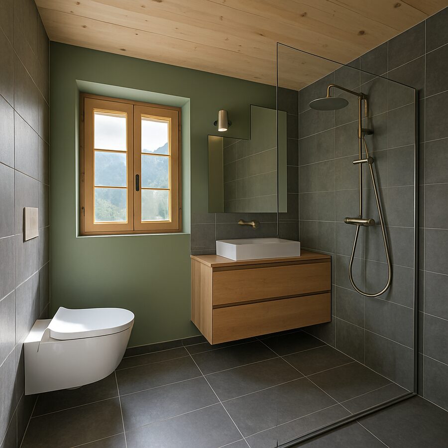 Salle de bain rénovée moderne, carrelage ardoise et bois clair
