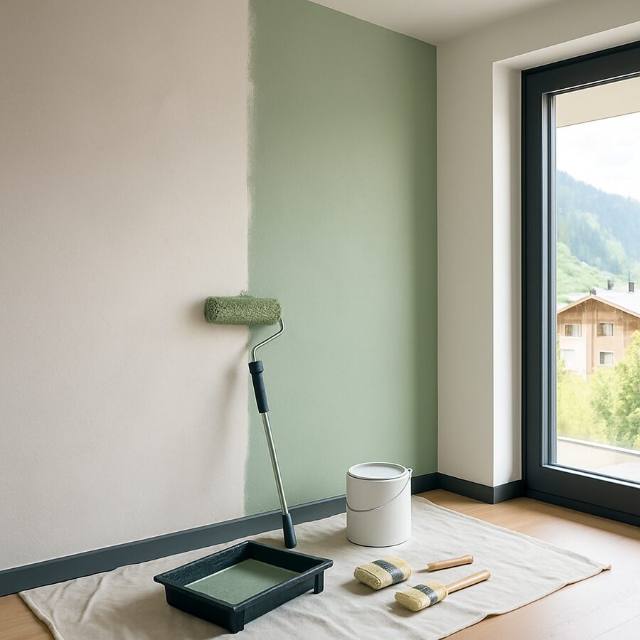 Mur en cours de finition et de peinture lors d'une rénovation