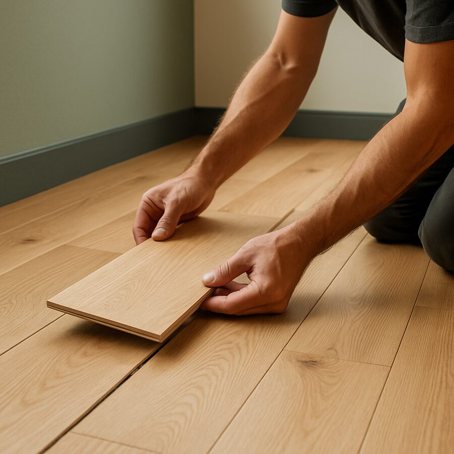 Pose soignée d'un parquet en chêne clair dans une pièce rénovée